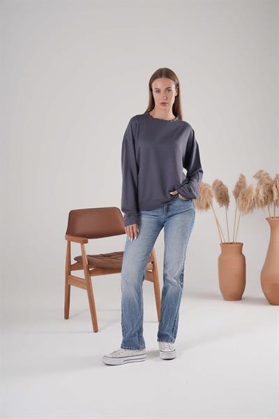 İki İplik Bisiklet Yaka Owersize Sweatshirt
