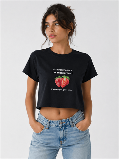 Önü Çilek Baskılı Kısa Tshirt 