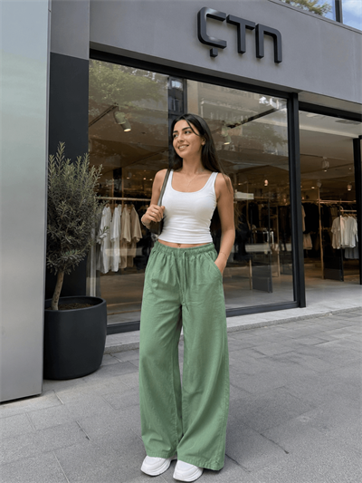 Yıkamalı Tencel Kumaş Bol Paça Pantolon