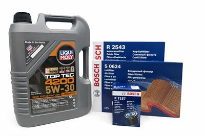 Liqui Moly Top Tec 4200 5W-30 5L Motor Yağı & Bosch P7157 Yağ Filtresi, S0624 Hava Filtresi, R2543 Polen Filtresi – Komple Motor Bakım Seti