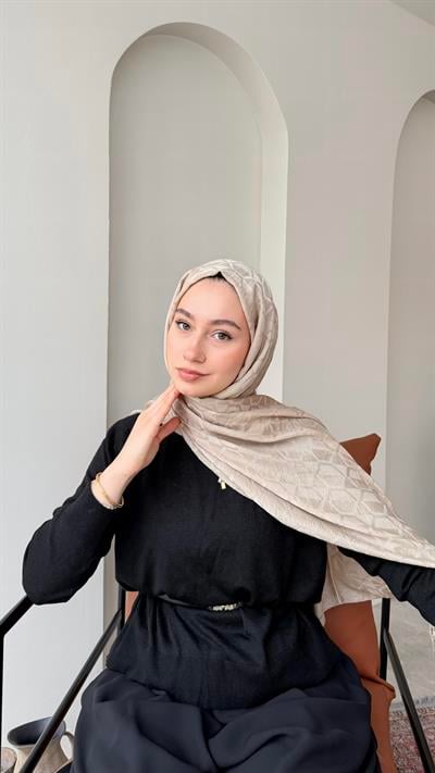 Bade İpeksi Pamuk Jakar Şal - Koyu Bej