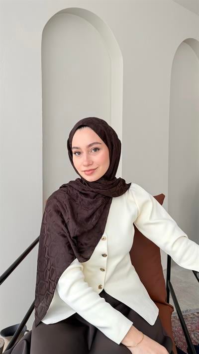 Bade İpeksi Pamuk Jakar Şal - Koyu Kahve