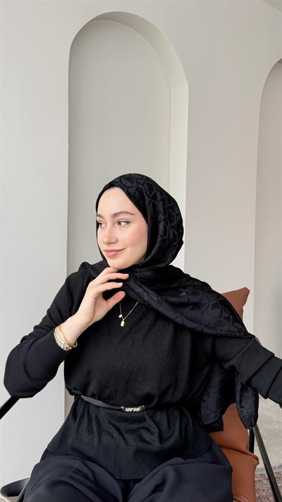 Bade İpeksi Pamuk Jakar Şal - Siyah