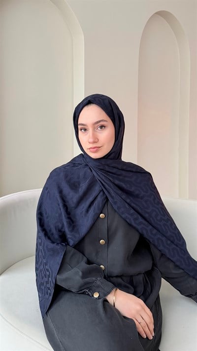 Elsa Shine İpeksi Pamuk Jakar Şal - Lacivert