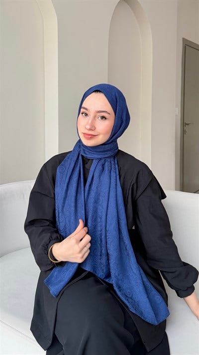Etnika İpeksi Pamuk Jakar Şal - Açık Lacivert