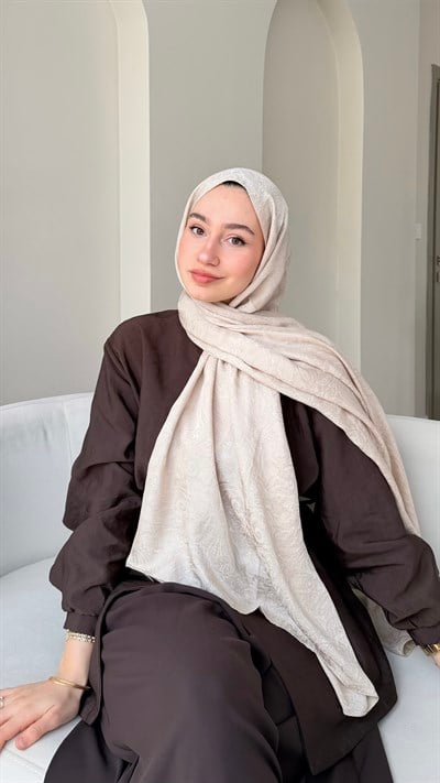 Etnika İpeksi Pamuk Jakar Şal - Koyu Bej