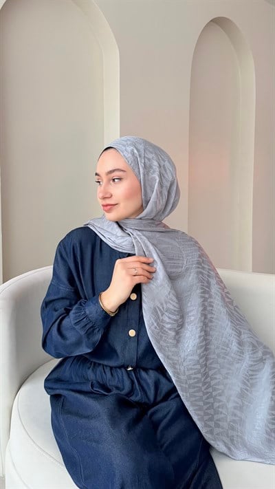 Feriha İpeksi Pamuk Jakar Şal - Blue Gri