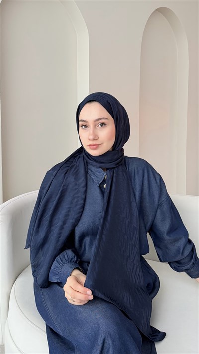 Feriha İpeksi Pamuk Jakar Şal - Koyu Lacivert
