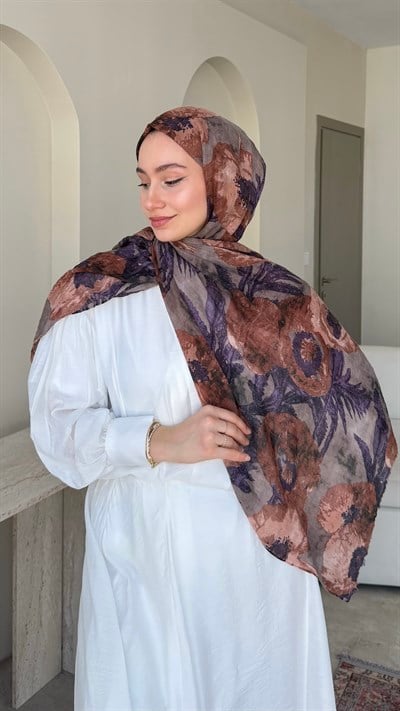 Flora Comfort Kraş Şal - Kahve & Mor