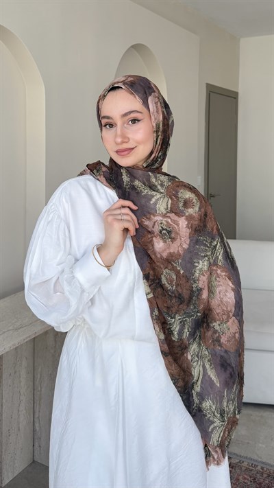 Flora Comfort Kraş Şal - Kahve & Yeşil