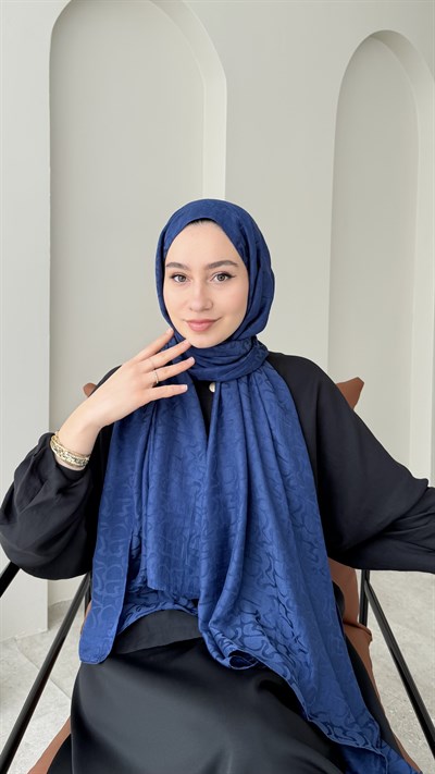 Mona İpeksi Pamuk Jakar Şal - Açık Lacivert