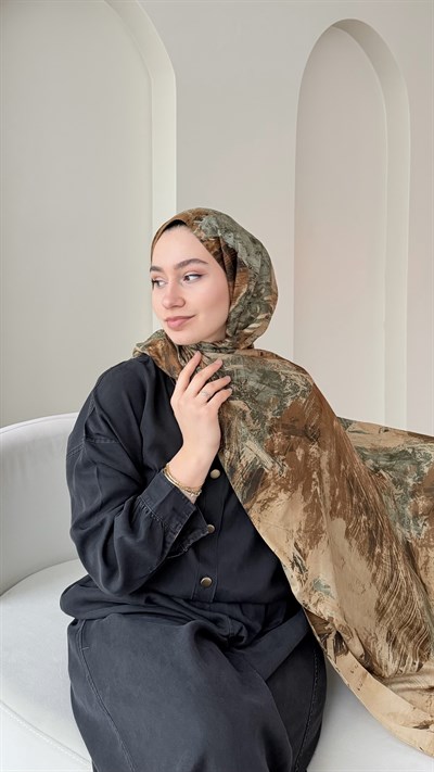 Zeen Desen Dokuma Şal - Odunsu Kahve & Yeşil