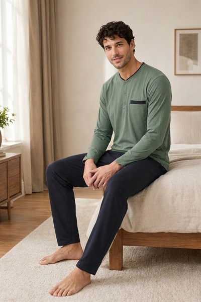 Erkek Uzun Kol %100 Pamuk Büyük Beden Pijama Takımı Haki
