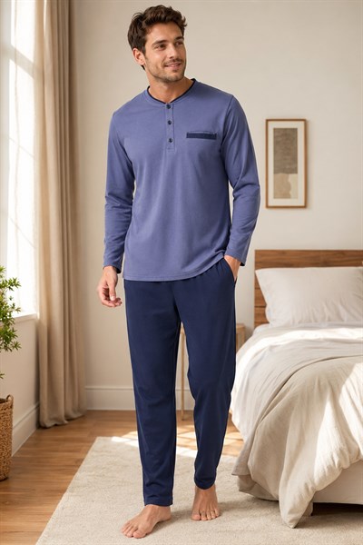Erkek Uzun Kol %100 Pamuk Büyük Beden Pijama Takımı Mavi