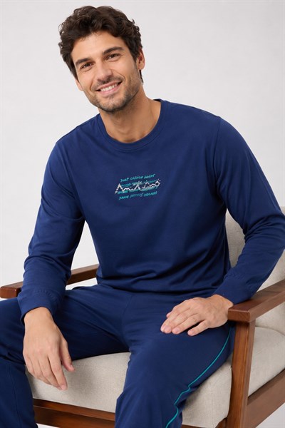 Erkek Uzun Kol %100 Pamuk Pijama Takımı Lacivert