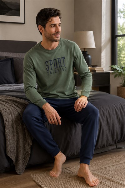 Erkek Uzun Kol %100 Pamuk Pijama Takımı Haki