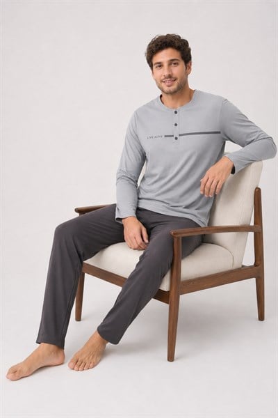 Erkek Uzun Kol %100 Pamuk Pijama Takımı Gri