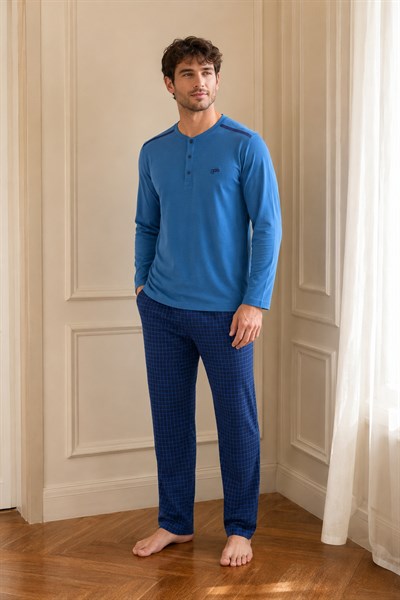Erkek Uzun Kol %100 Pamuk Pijama Takımı Mavi