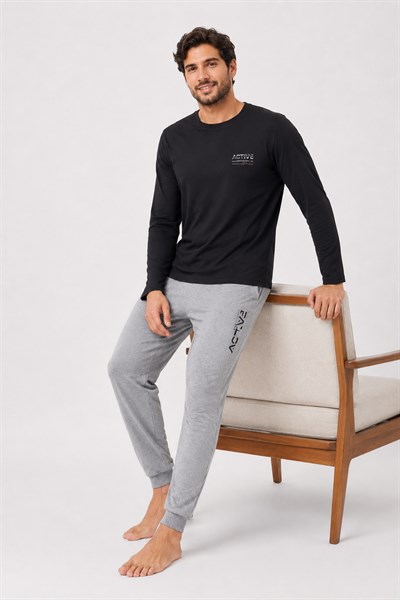Erkek Uzun Kol %100 Pamuk Pijama Takımı Siyah