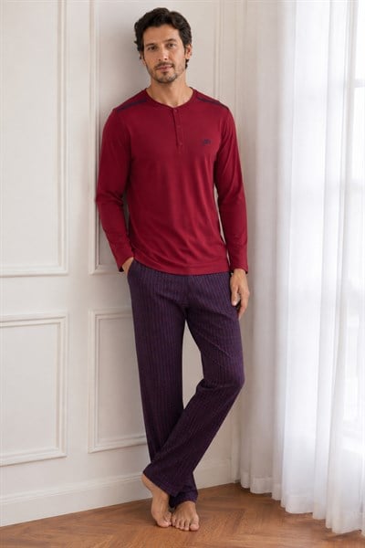 Erkek Uzun Kol %100 Pamuk Pijama Takımı Bordo