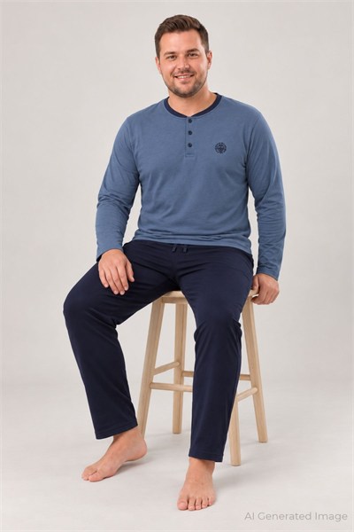Erkek Uzun Kol Büyük Beden Pijama Takımı Mavi %100 Pamuk