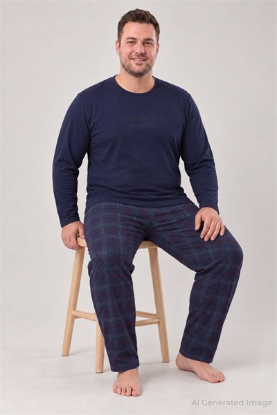 Erkek Uzun Kol Termal Büyük Beden Pijama Takımı Lacivert