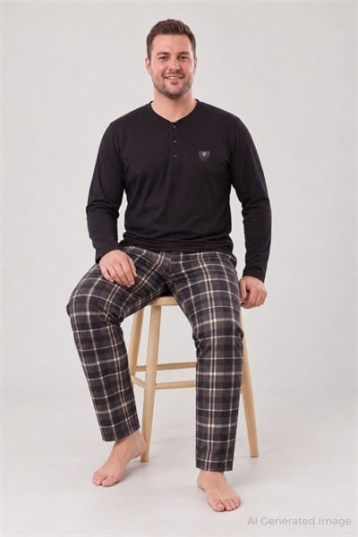 Erkek Uzun Kol Termal Büyük Beden Pijama Takımı Siyah
