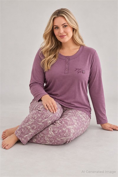 Kadın Büyük Beden Esnek Modal Uzun Kollu Pijama Takımı Mor