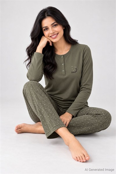 Kadın Desenli Uzun Kollu Pijama Takımı Haki %100 Pamuk