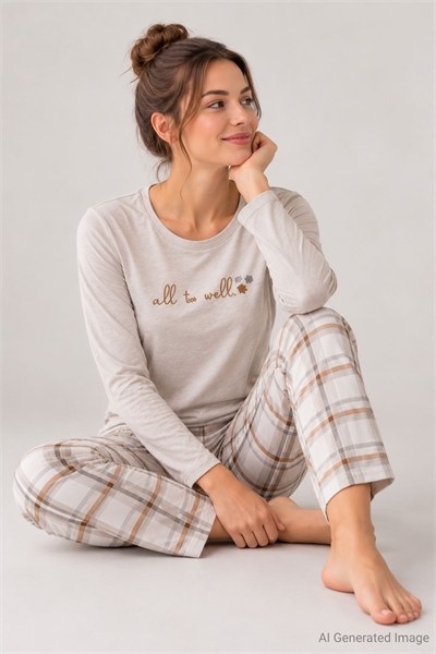 Kadın Ekose Desenli Uzun Kollu Pijama Takımı Ekru %100 Pamuk
