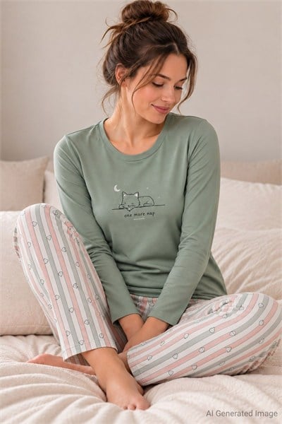 Kadın Kedi Desenli Uzun Kollu Pijama Takımı Yeşil %100 Pamuk