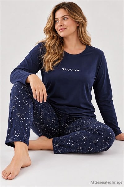 Kadın Lovely Desenli Büyük Beden Uzun Kollu Pijama Takımı Lacivert %100 Pamuk