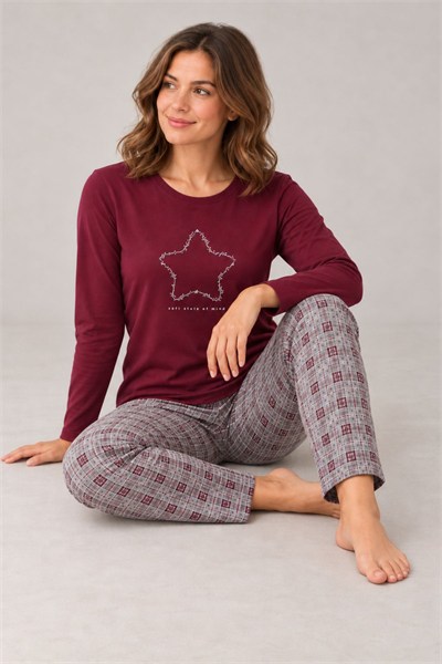 Kadın Yıldız Desenli Uzun Kollu Pijama Takımı Bordo %100 Pamuk