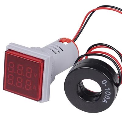 22mm Dijital Voltmetre-Ampermetre Kare AC 20-500V 0-100A Kırmızı