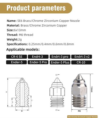 Creality Cr-6 SE-Max-Ender 3 S1 Uyumlu Krom Zirkonyum Bakır Nozzle 500°C(0.4mm)