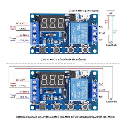 DC 6-30V Zaman Ayarlı Gecikmeli Çok Fonksiyonlu Röle Kartı Ekranlı(Micro USB Girişli)
