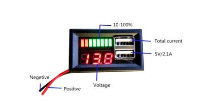 Kırmızı Led Ekran Dijital Voltmetre Usb 5V 2A Çıkışlı DC12V