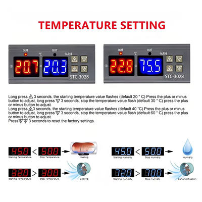 STC-3028 220V AC Çift Ekranlı Sıcaklık ve Nem Ölçer Problu Dijital Termostat