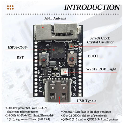 ESP32-C6 N4 WiFi Bluetooth Kartı
