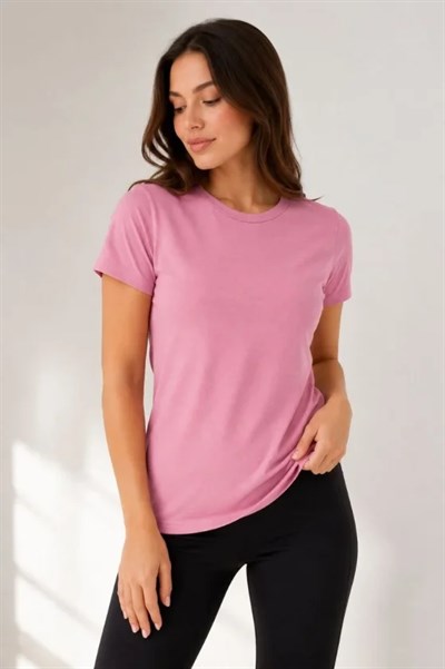 Basic Tişört Bisiklet Yaka Kısa Kol Günlük Yazlık Slim Fit T-Shirt - Pembe