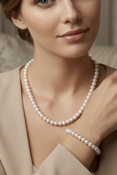 Sertifikalı Gerçek 8mm İnci set , 925 Ayar Gümüş , inci kolye, inci bileklik