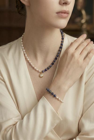 Sertifikalı Gerçek Inci Lapis Lazuli  bileklik set, Inci Ve Lapis Taşlı set, Gerçek Inci