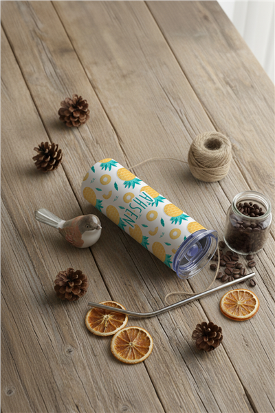 Ananas Desenli Kişiye Özel Pipetli Çelik Termos