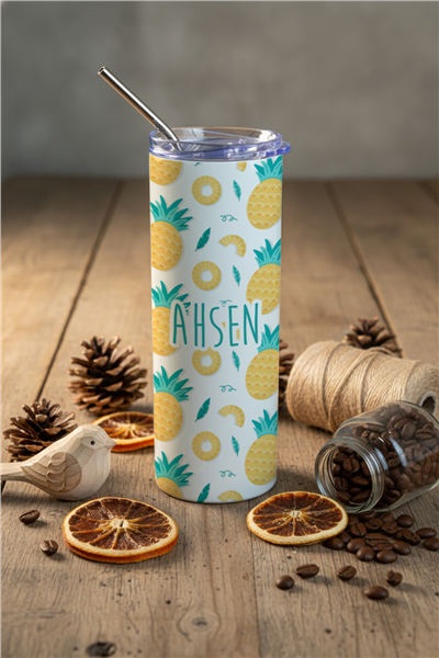 Ananas Desenli Kişiye Özel Pipetli Çelik Termos