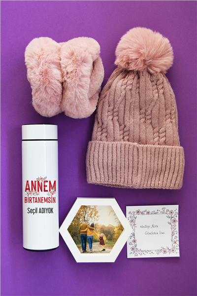 Annem Birtanemsin Hediye Kutusu - Kişiye Özel Dijital Göstergeli Termos, Kulaklık, Bere, Altıgen Fotoğraf Çerçevesi
