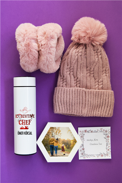 Aşçı Hediye Kutusu - Kişiye Özel Dijital Göstergeli Termos, Kulaklık, Bere, Altıgen Fotoğraf Çerçevesi