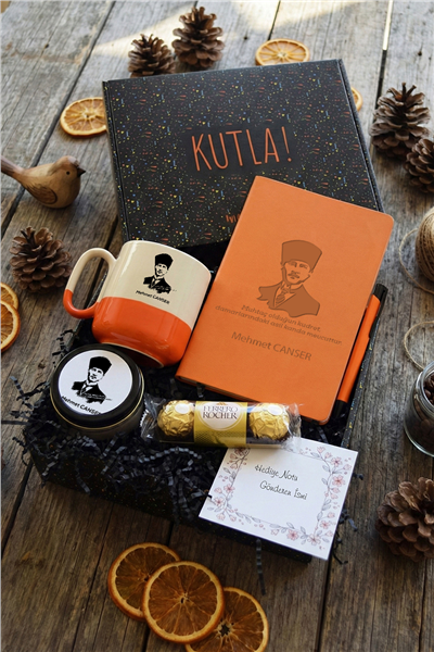 Atatürk Asilkan Hediye Kutusu - Kişiye Özel Pro Kupa, Defter, Mum, Çikolata Ferrero Rocher 3lü, Kalem