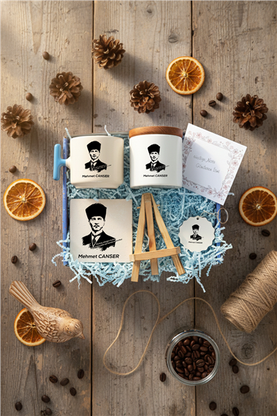 Atatürk Asilkan Hediye Kutusu - Kişiye Özel T Kupa, Seramik Kalemlik, Dekoratif Taş İsimlik, Güneş Anahtarlık