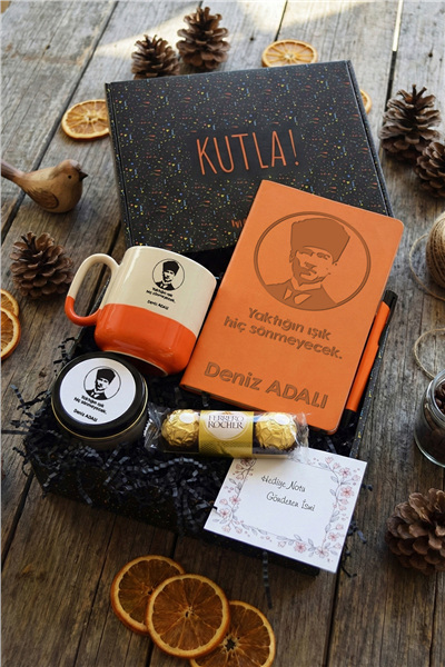 Atatürk Silüeti Hediye Kutusu - Kişiye Özel Pro Kupa, Defter, Mum, Çikolata Ferrero Rocher 3lü, Kalem