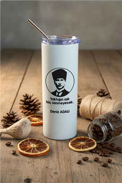 Atatürk Silüeti Kişiye Özel Pipetli Çelik Termos